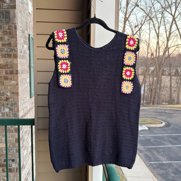 🆕Rain+Rose Navy Crochet Granny Square Sweater Top SizeM Boho Cottagecore Cotton - Picture 4 of 11